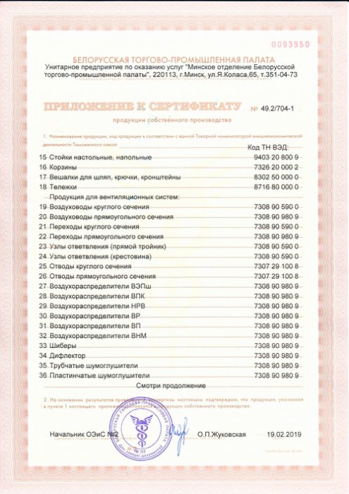 Сертификат продукции собственного производства приложение2